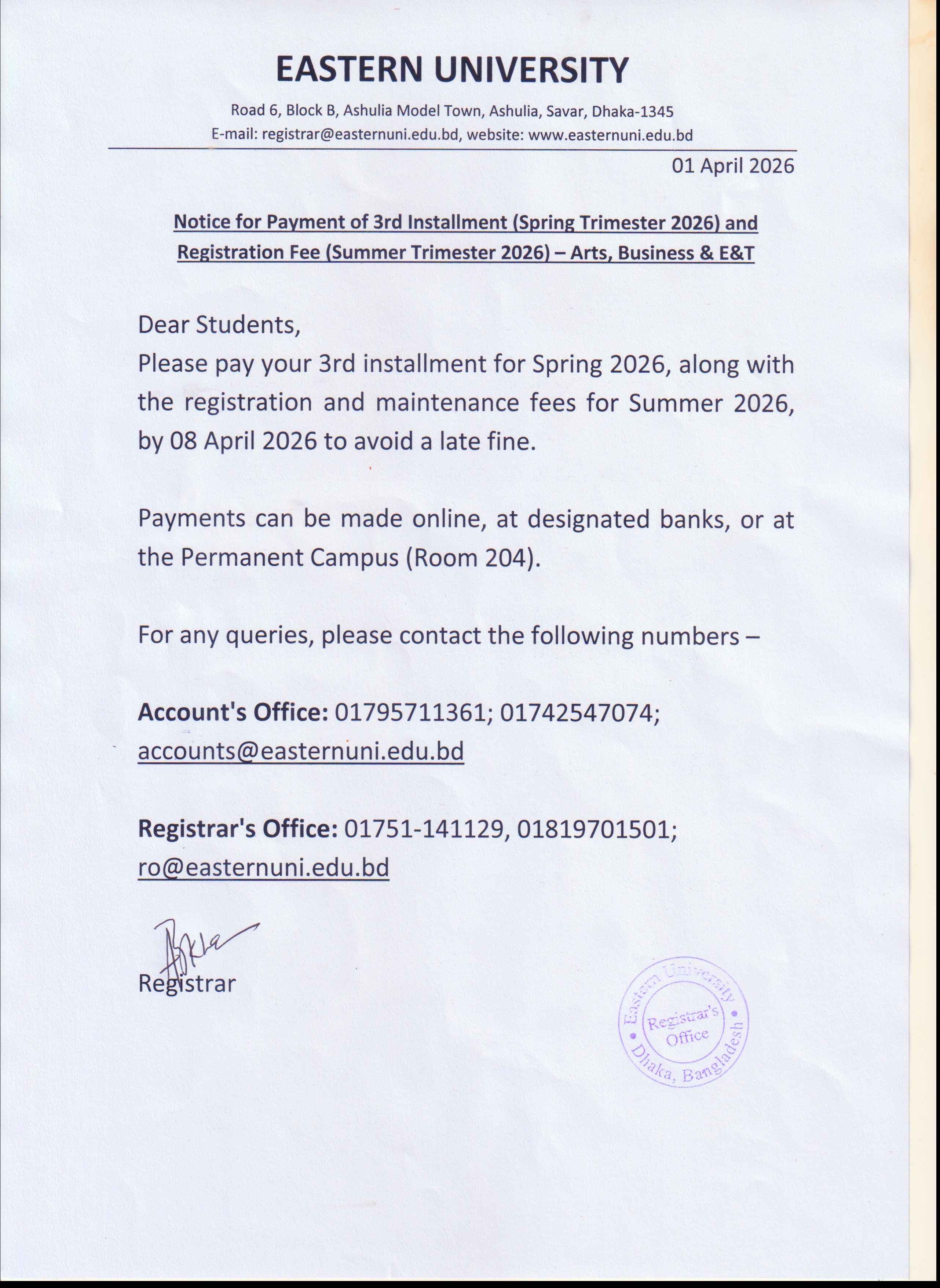 Notice for Payment of 3rd Installment (Spring Trimester 2026) and Registration Fee (Summer Trimester 2026) – Arts, Business & E&T