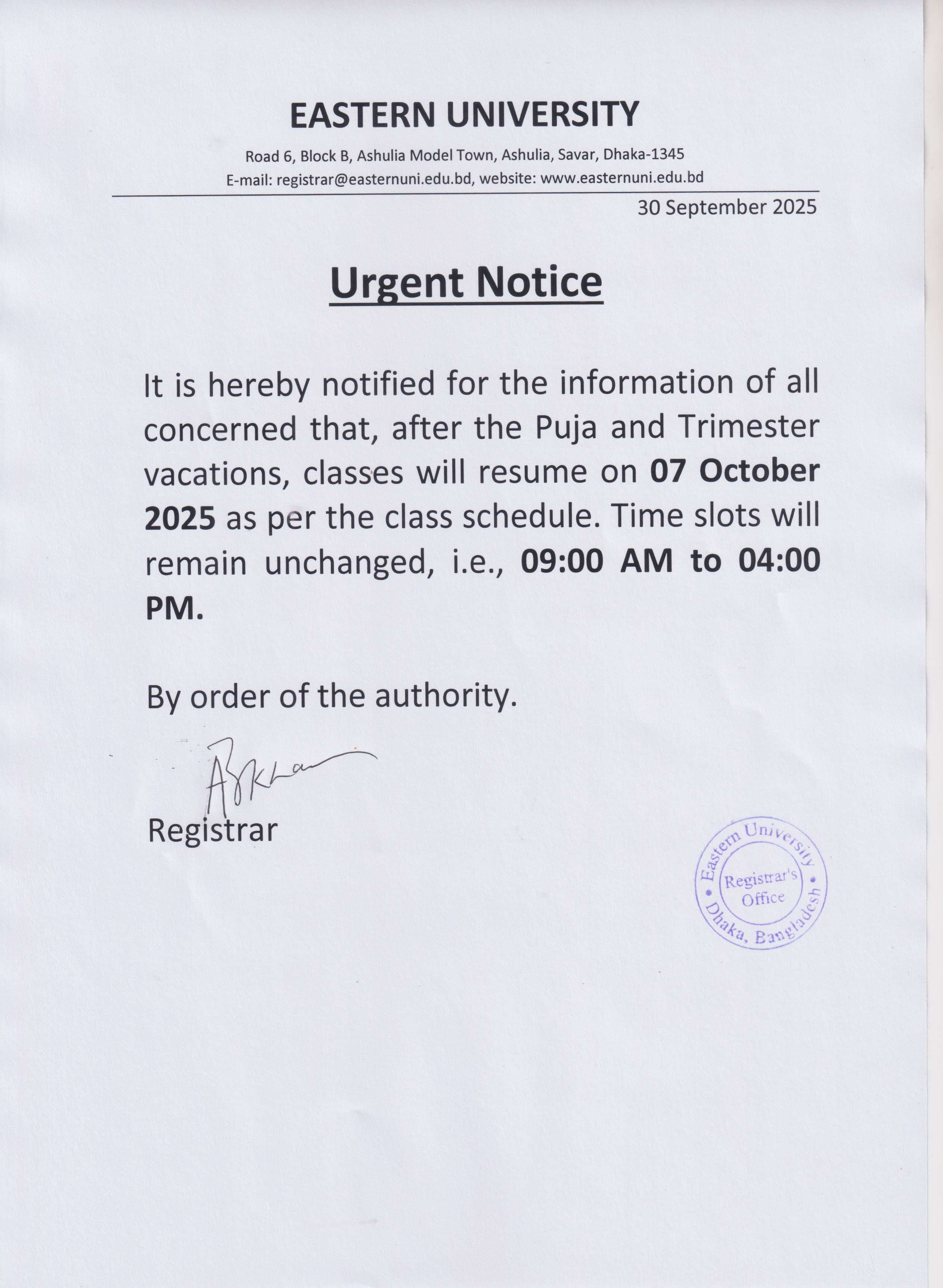 Urgent Notice Regarding Time Slot