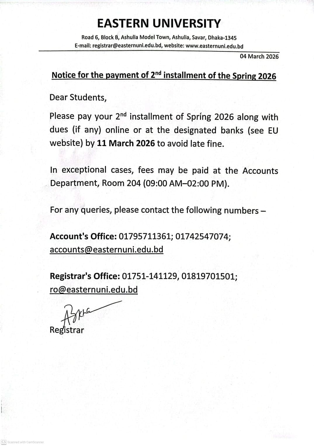 Notice for the Payment of 2nd Installment of the Spring 2026