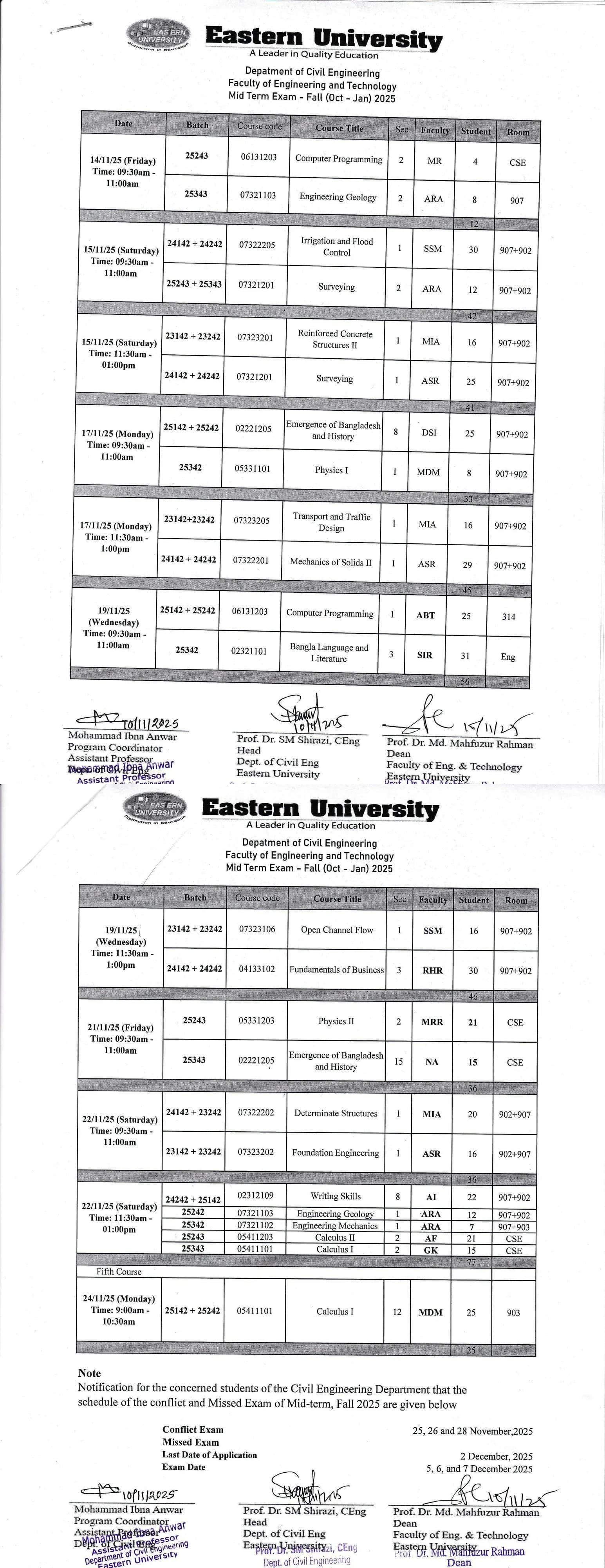 Mid-term Exam Routine of Civil Engineering, Fall-2025