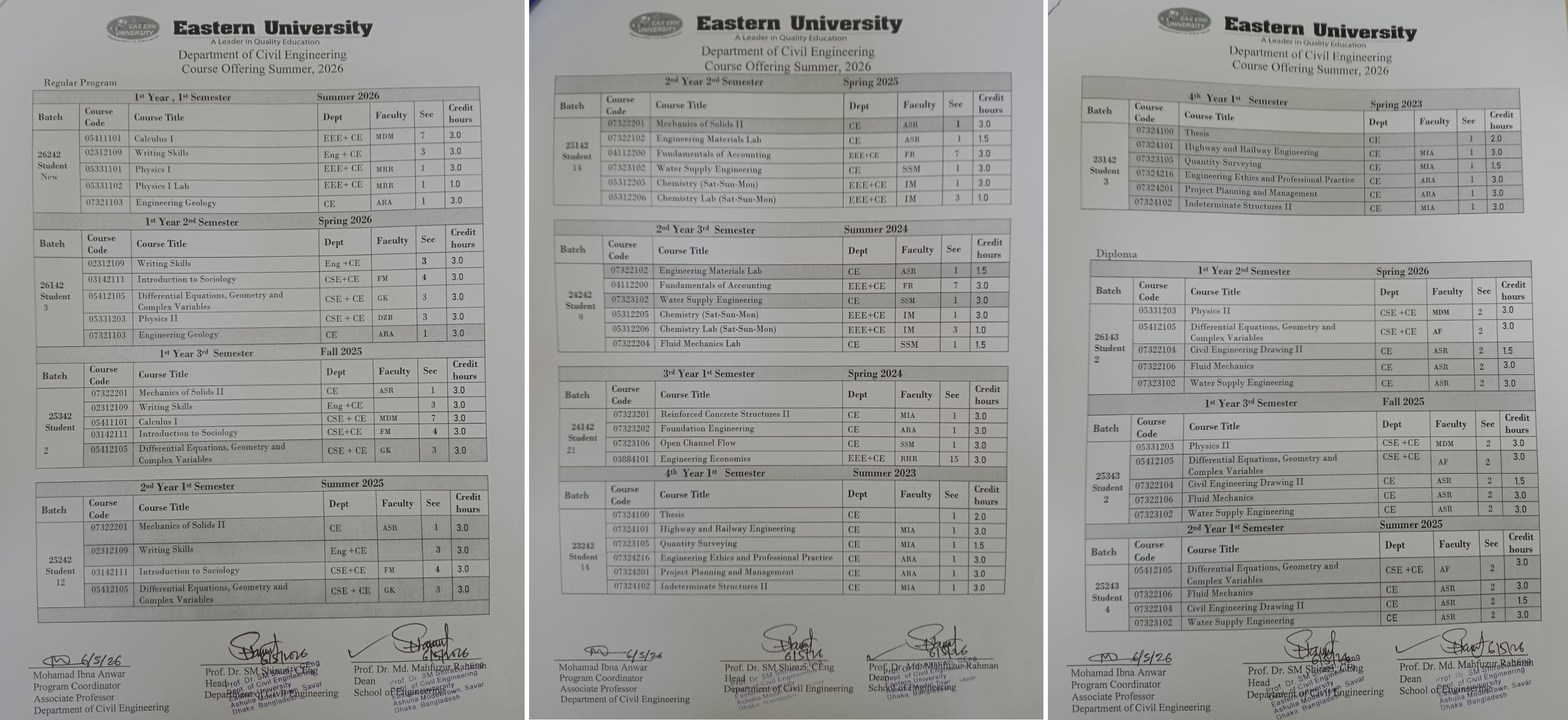 Dept. of Civil Engineering Course Offering, Summer 2026(Revised)