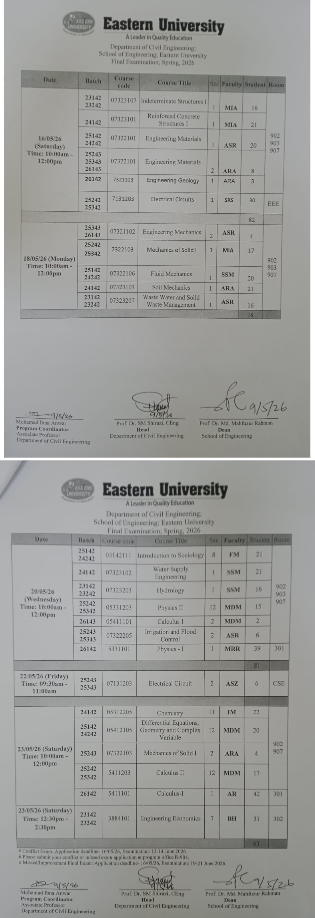 Dept. of Civil Engineering Final Exam Routine, Spring 2026