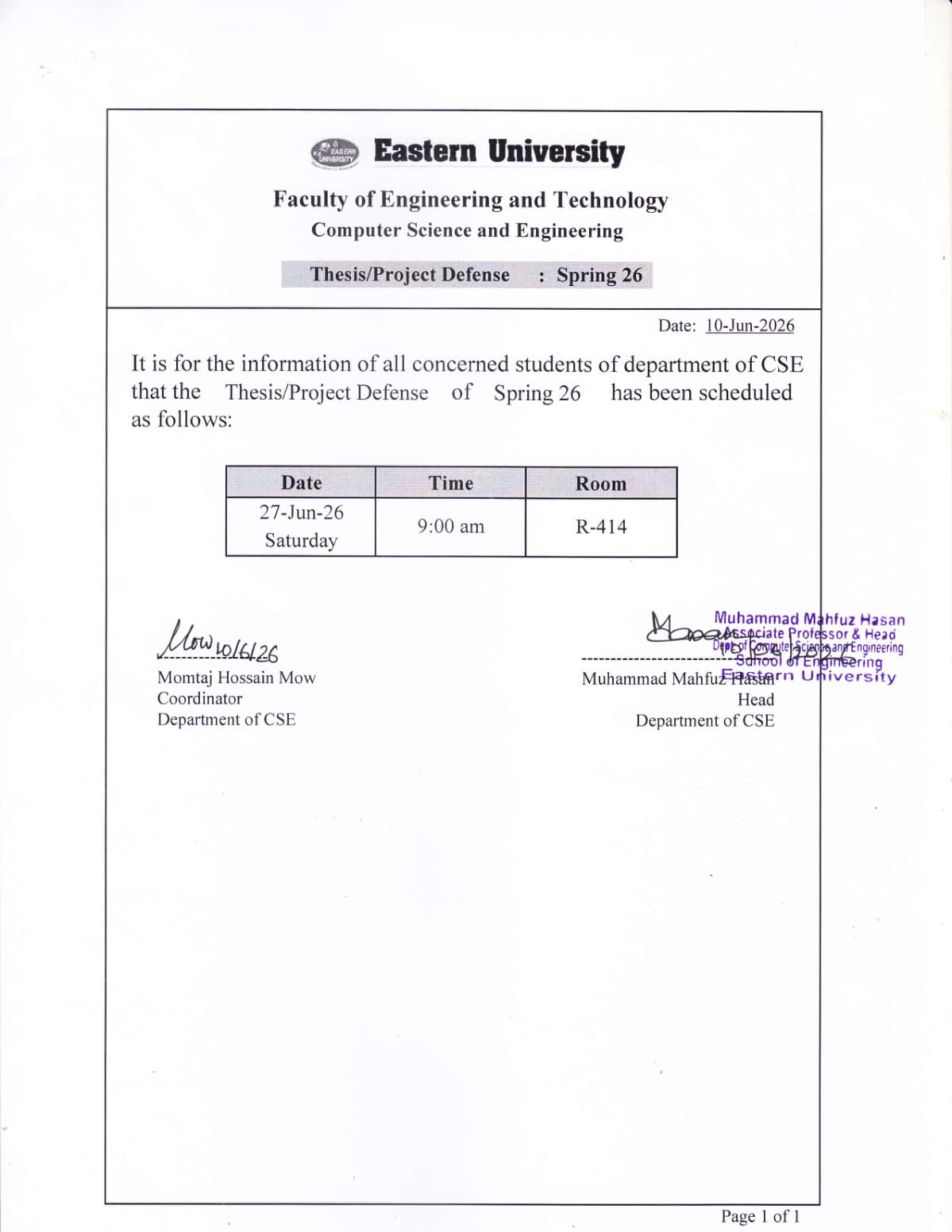 Thesis/ Project Defense Schedule, Spring-2026,  Department of CSE