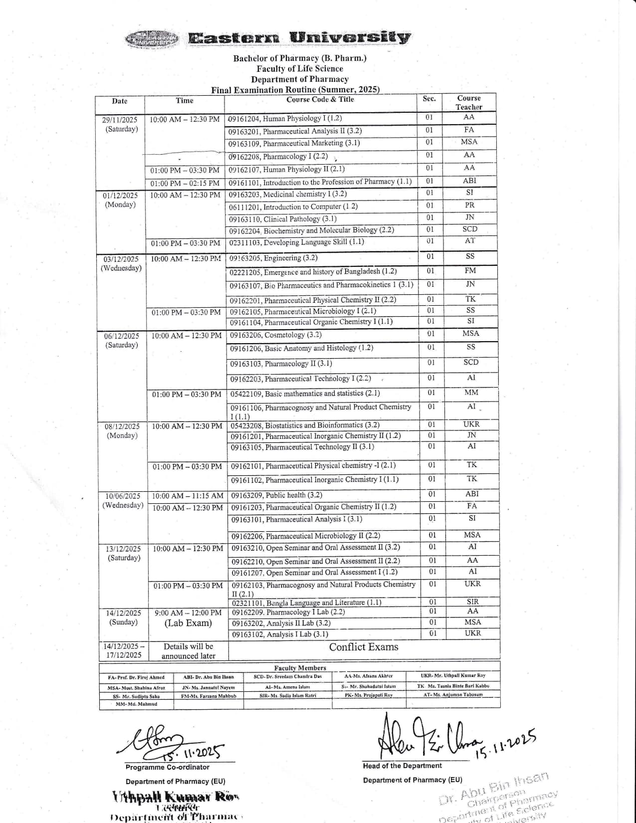Final Examination Routine _ Dept of Pharmacy, Summer 2025