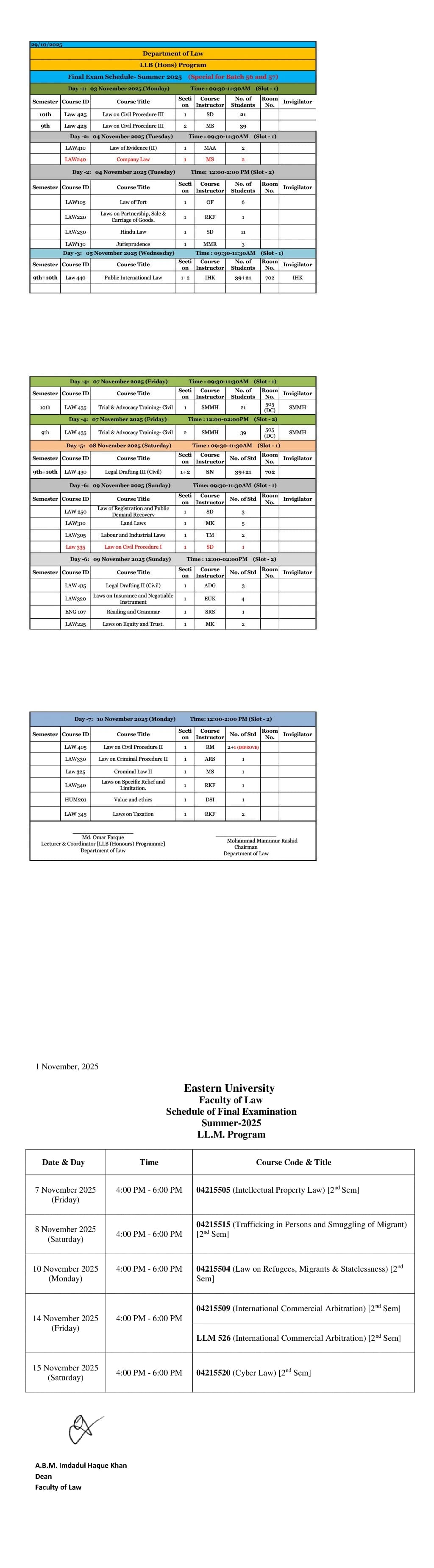Final Examination Schedule of LL.B. & LL.M. Program for Summer 2025