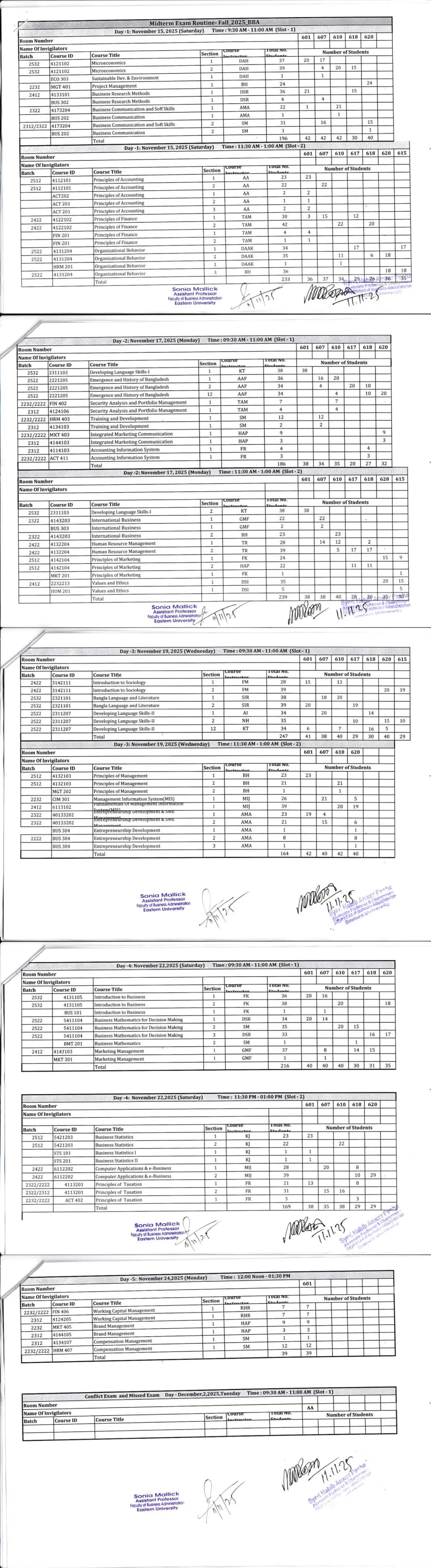 BBA Mid-term Examination Schedule of Fall 2025