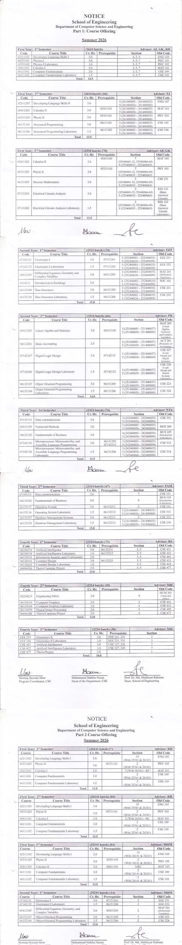 Department of CSE Course Offering, Summer-2026