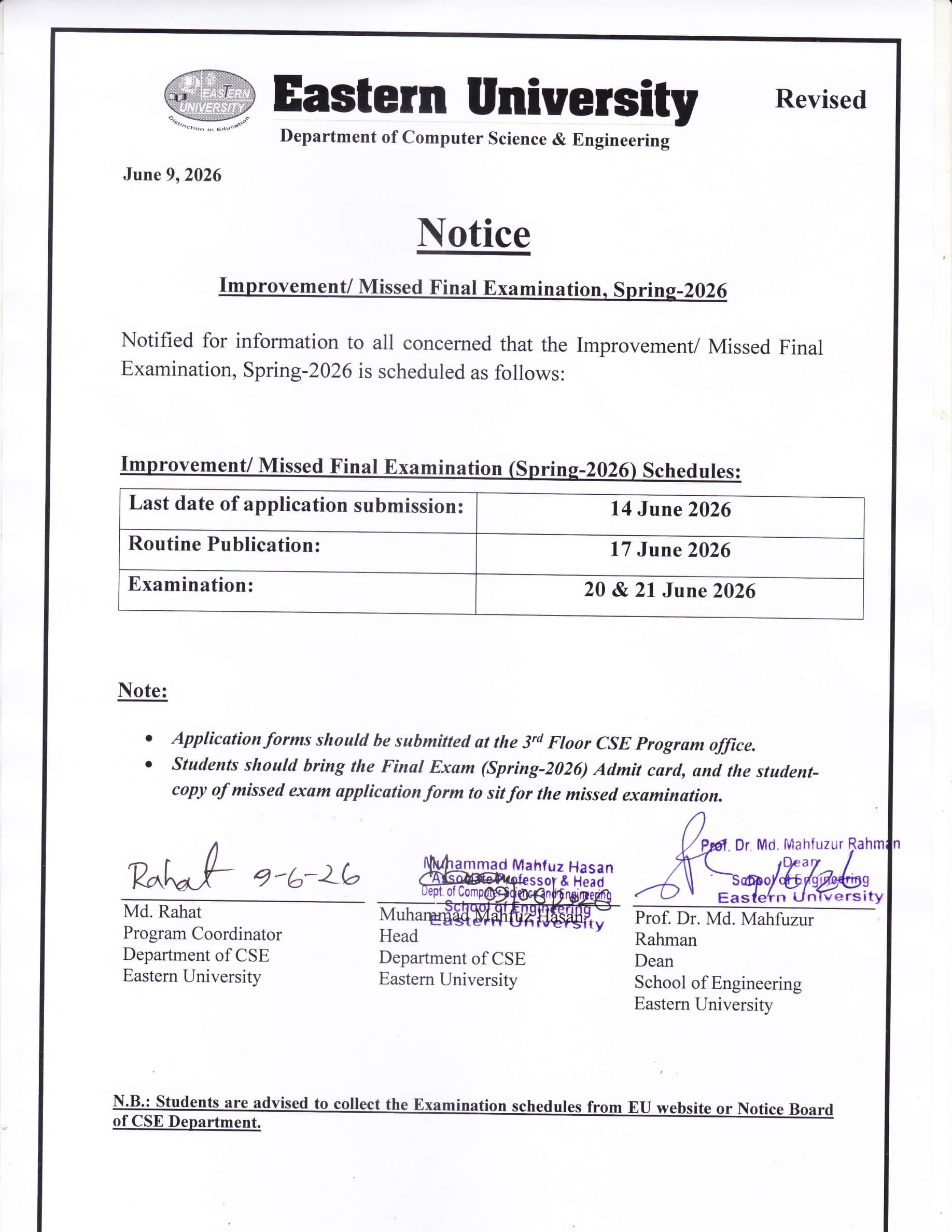 Revised Schedule, Spring-2026, Missed  & Improvement (Final) Examination Date Department of CSE