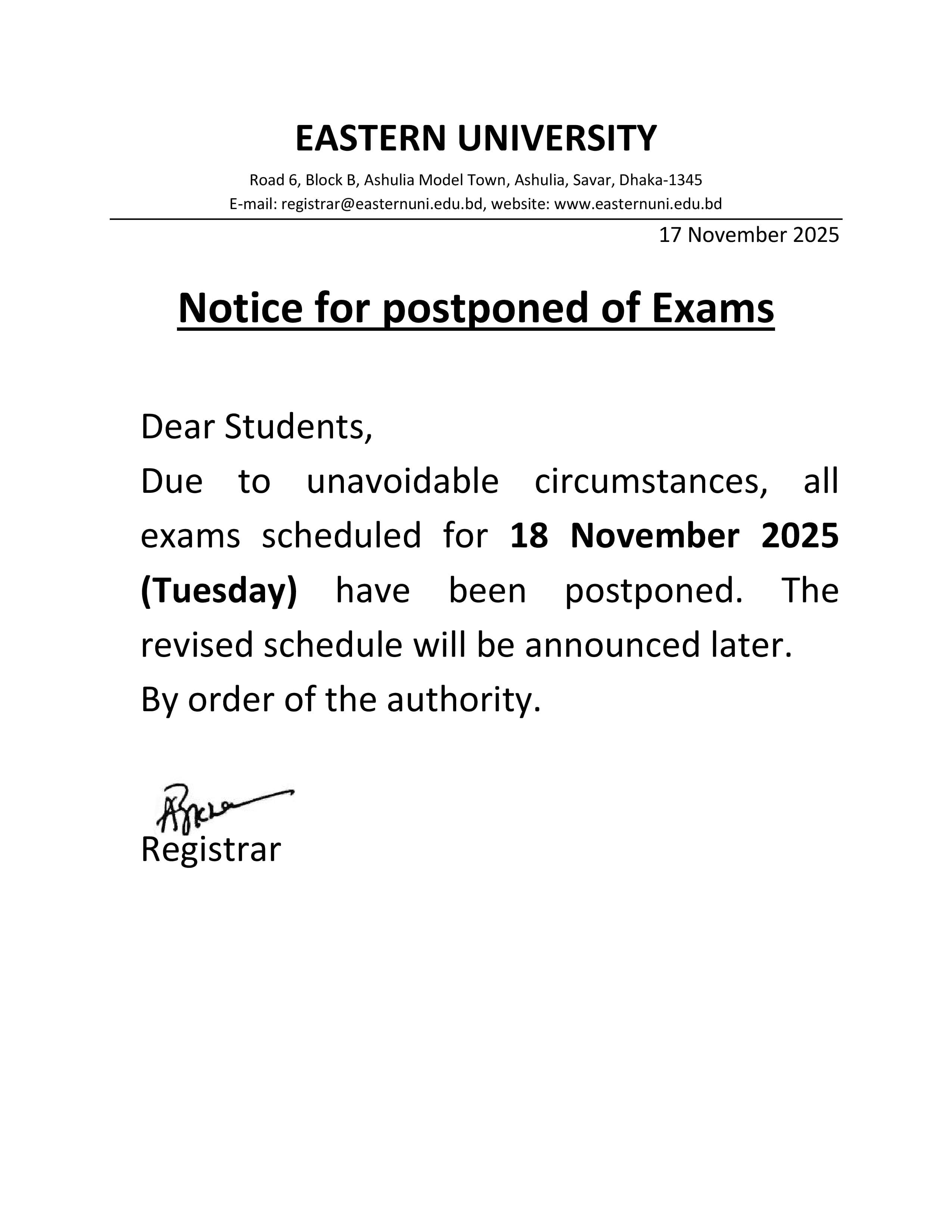 Notice for postponed of Exam