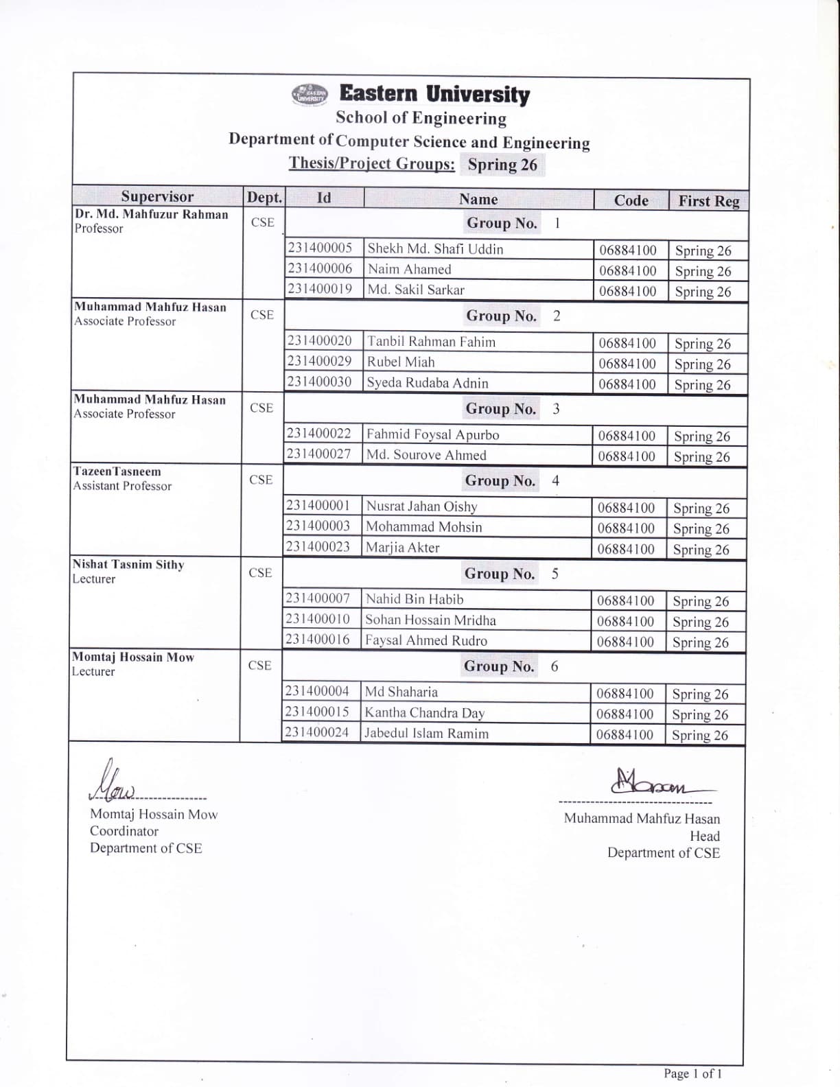 Thesis / Project Groups Details -- Spring-2026 ,  Department of CSE