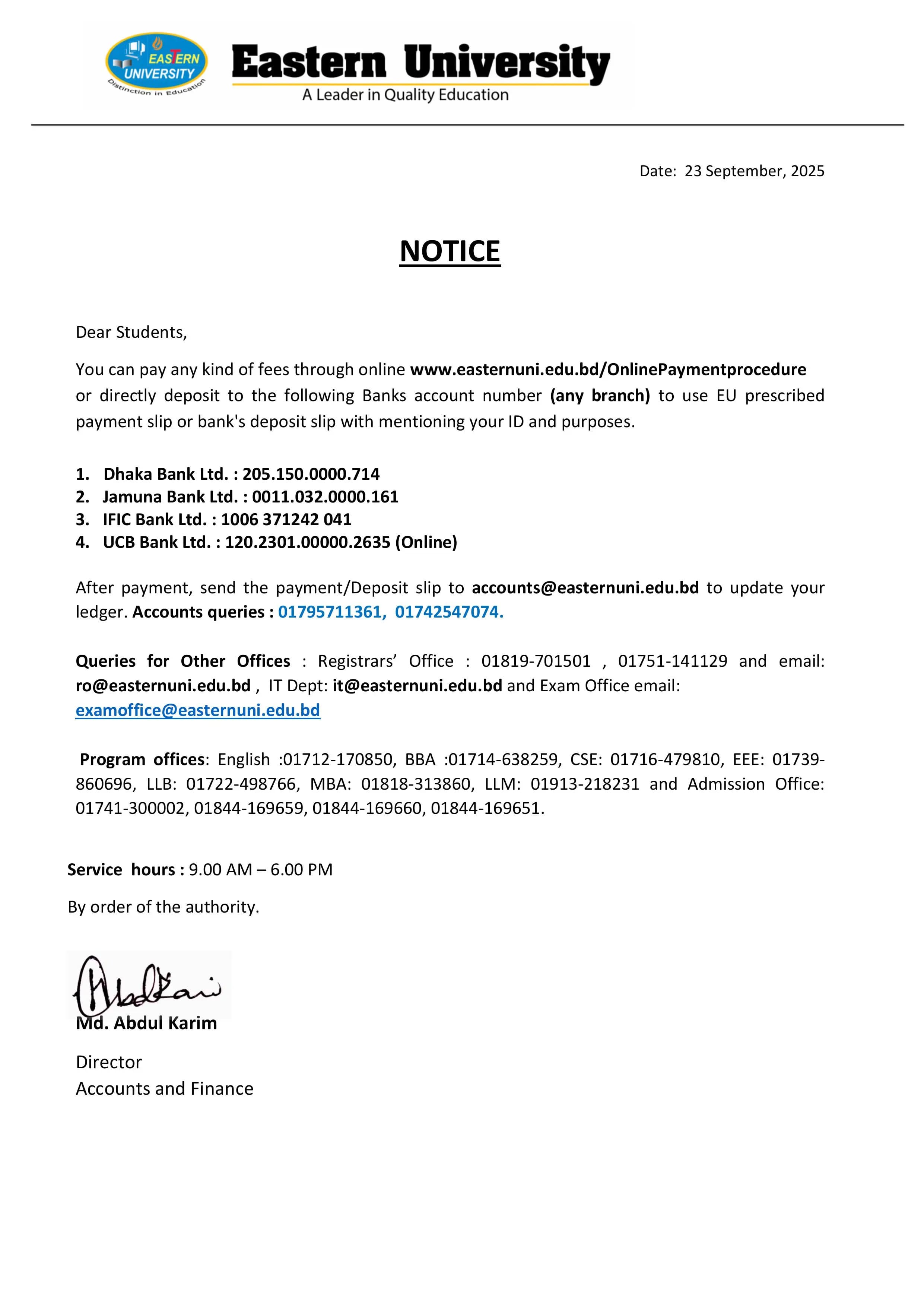 Notice for Accounts and Others issues