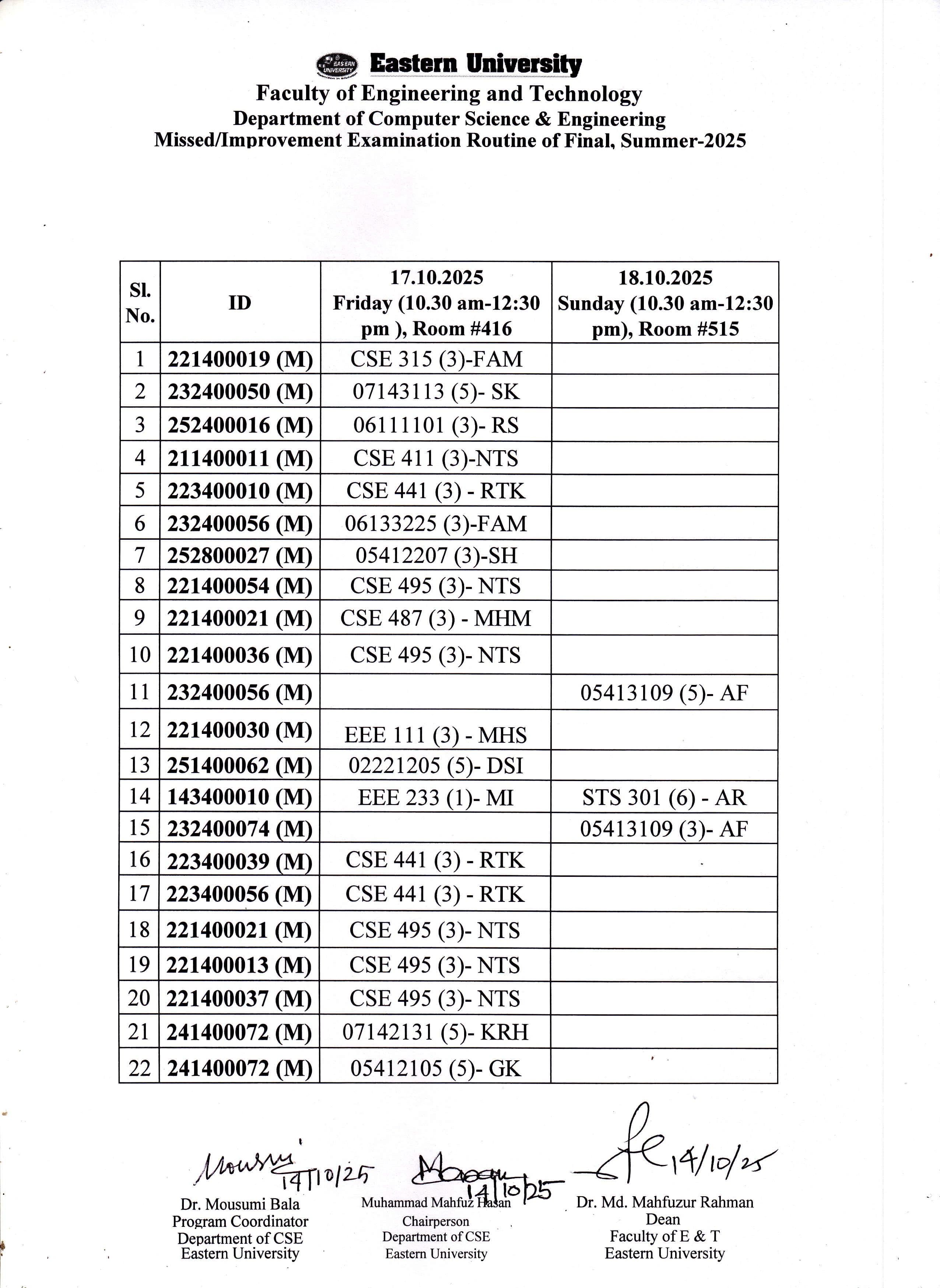 Iut Cse Routine Missed/Improvement Examination Routine of CSE Department, Final-Summer ...